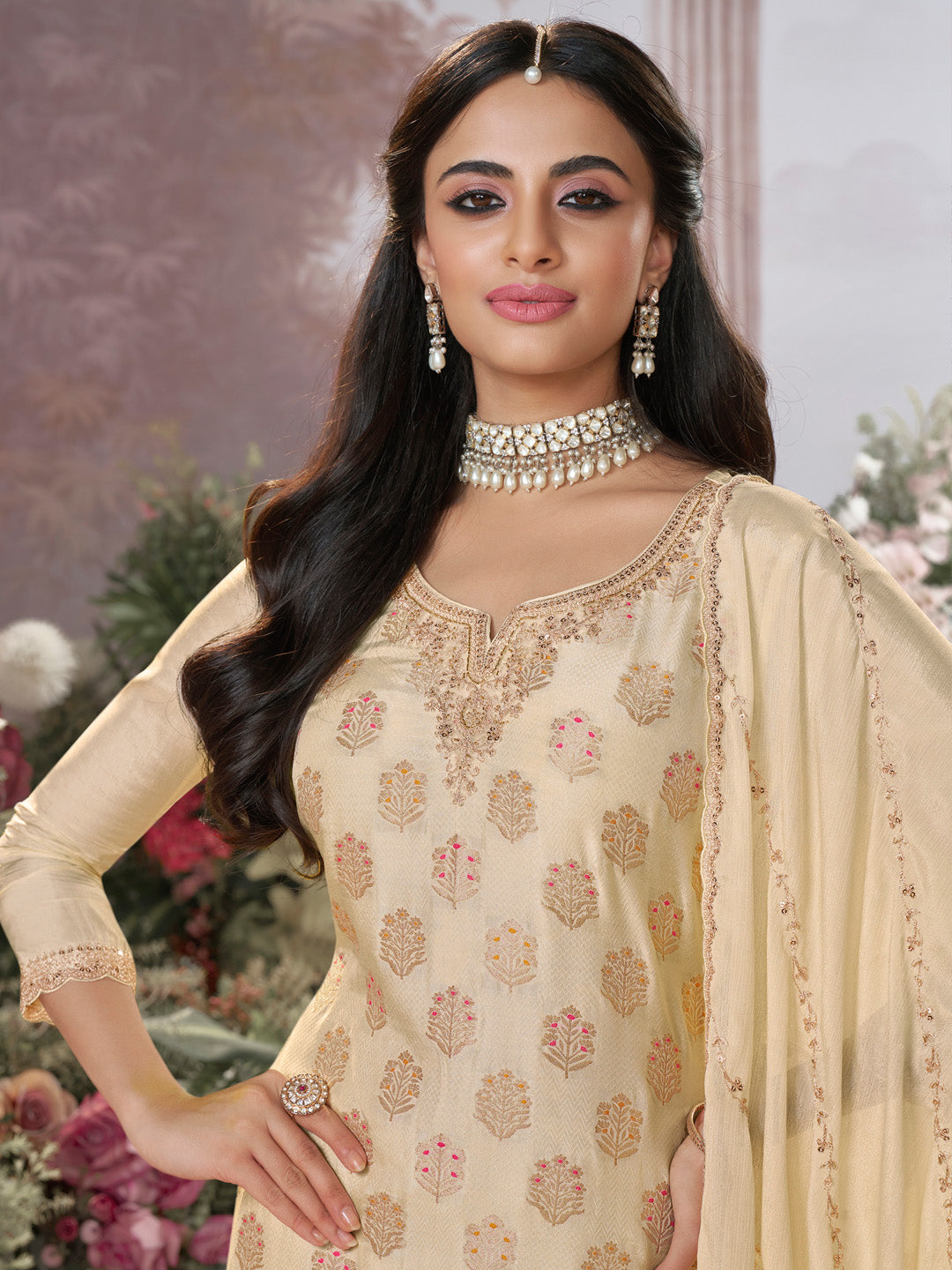 Off-White Dola Silk Meena Jacquard Kurta Set Paired With Embroidered Sharara Suit Set