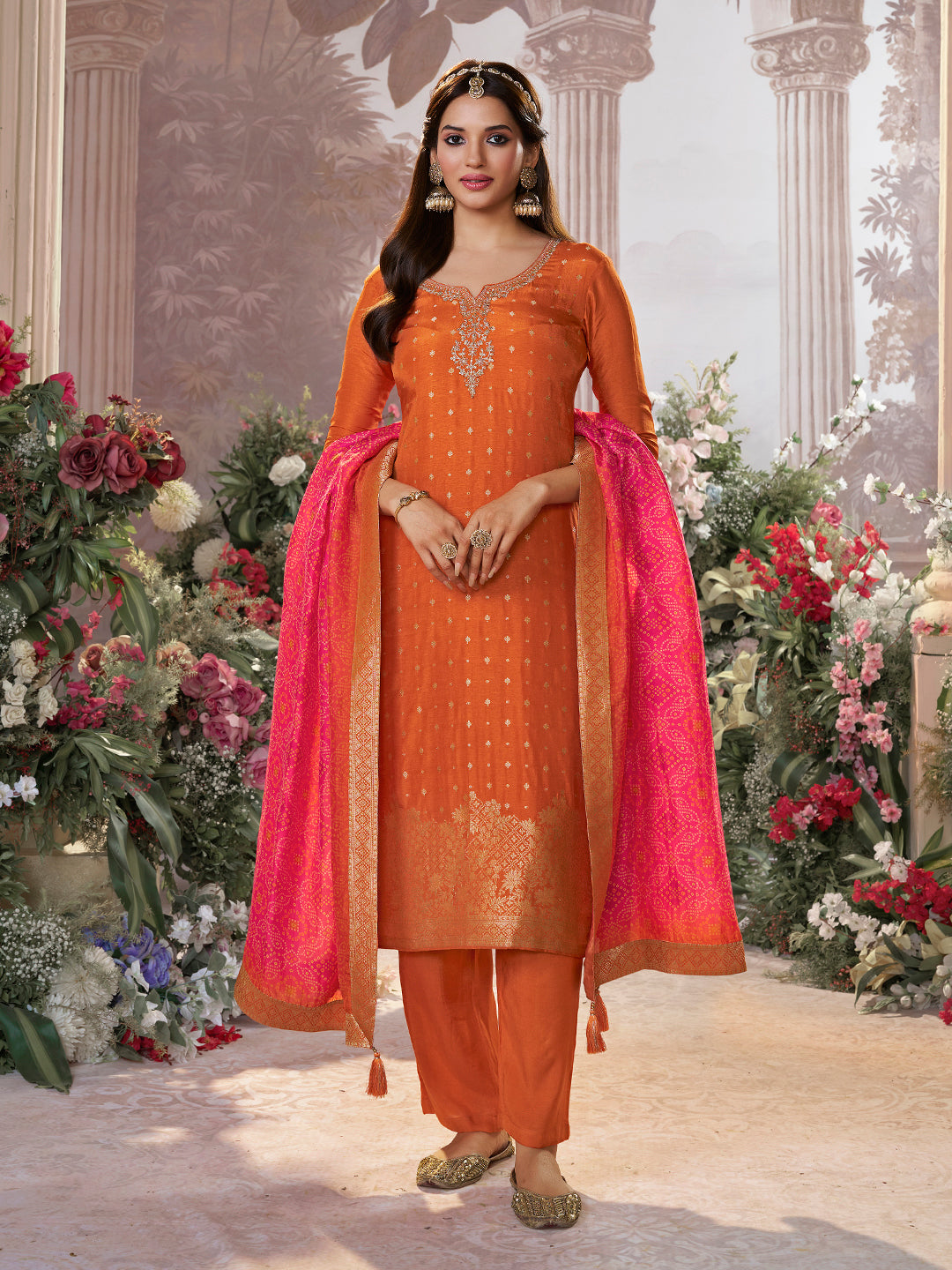 Orange Dola Silk Kurta Set with Jacquard Detailing and Intricate Embroidery, Paired with a Cherry Silk Dupatta