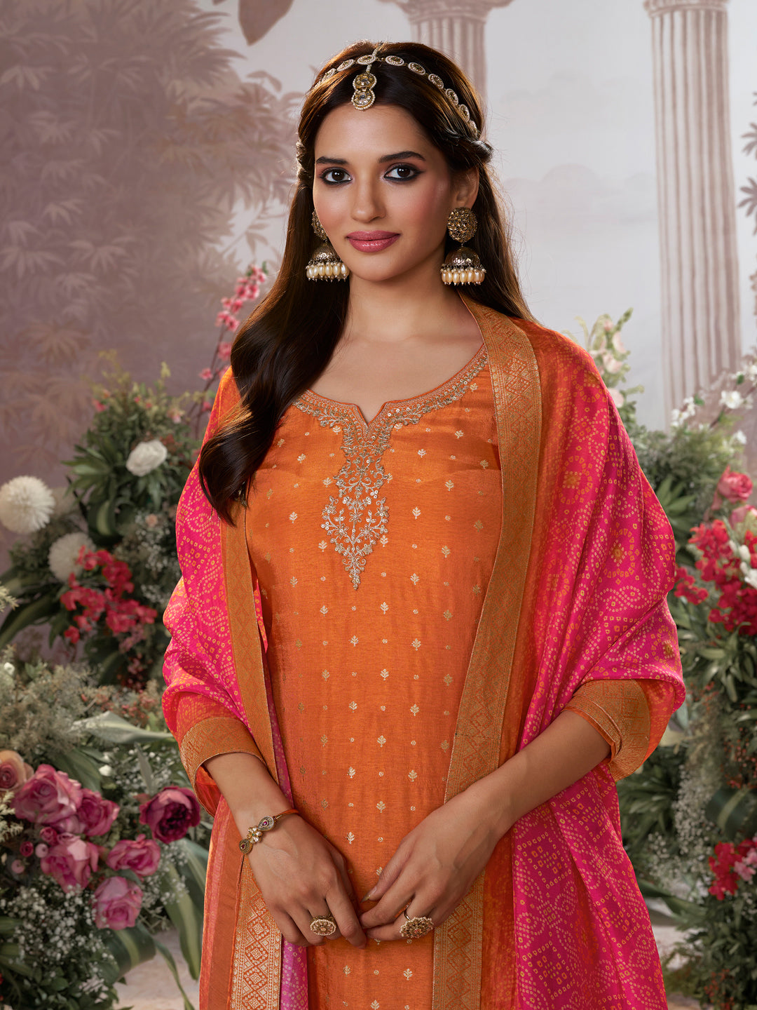 Orange Dola Silk Kurta Set with Jacquard Detailing and Intricate Embroidery, Paired with a Cherry Silk Dupatta