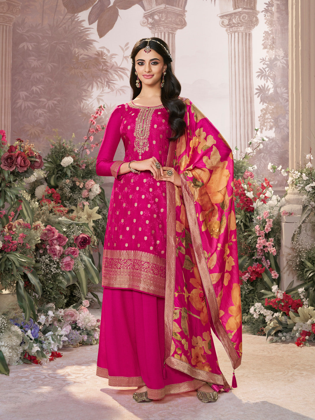 Pink Dola Silk Jacquard & Embroidery Sharara Set with Digital Print Dola Silk Dupatta - qivii