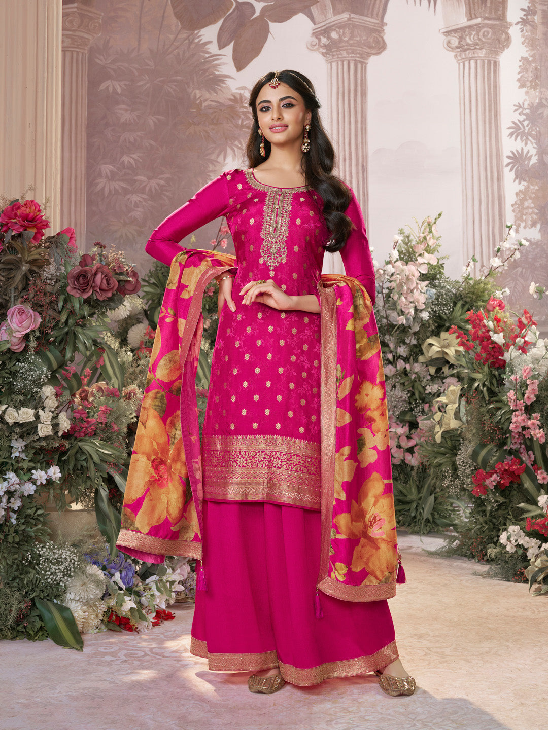 Pink Dola Silk Jacquard & Embroidery Sharara Set with Digital Print Dola Silk Dupatta - qivii