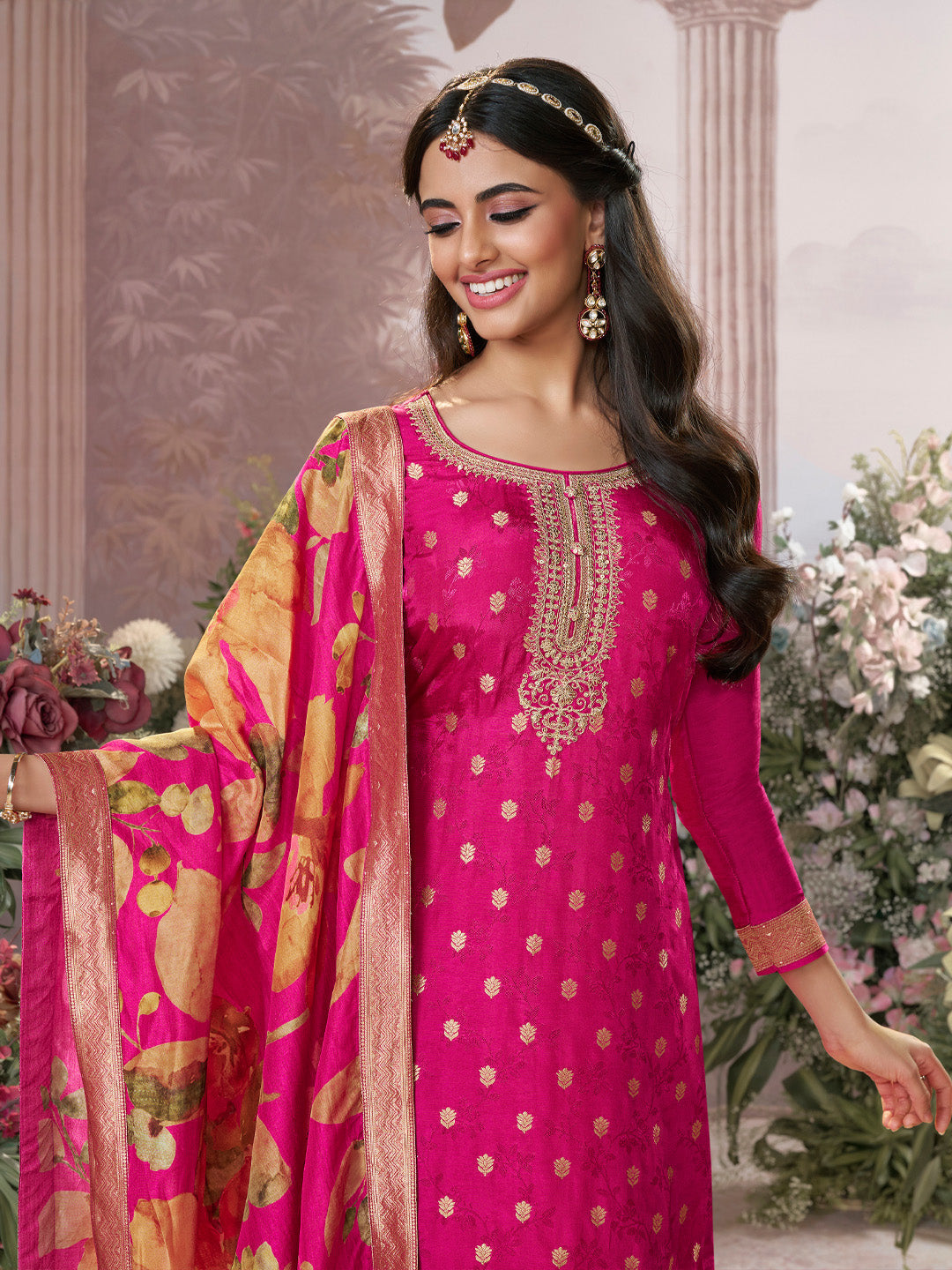 Pink Dola Silk Jacquard & Embroidery Sharara Set with Digital Print Dola Silk Dupatta - qivii