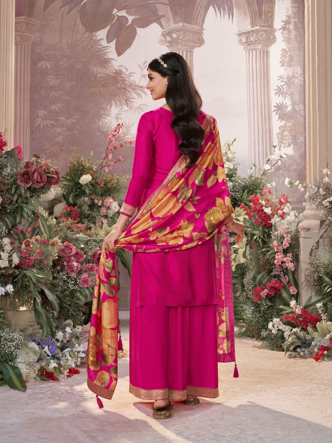 Pink Dola Silk Jacquard & Embroidery Sharara Set with Digital Print Dola Silk Dupatta - qivii