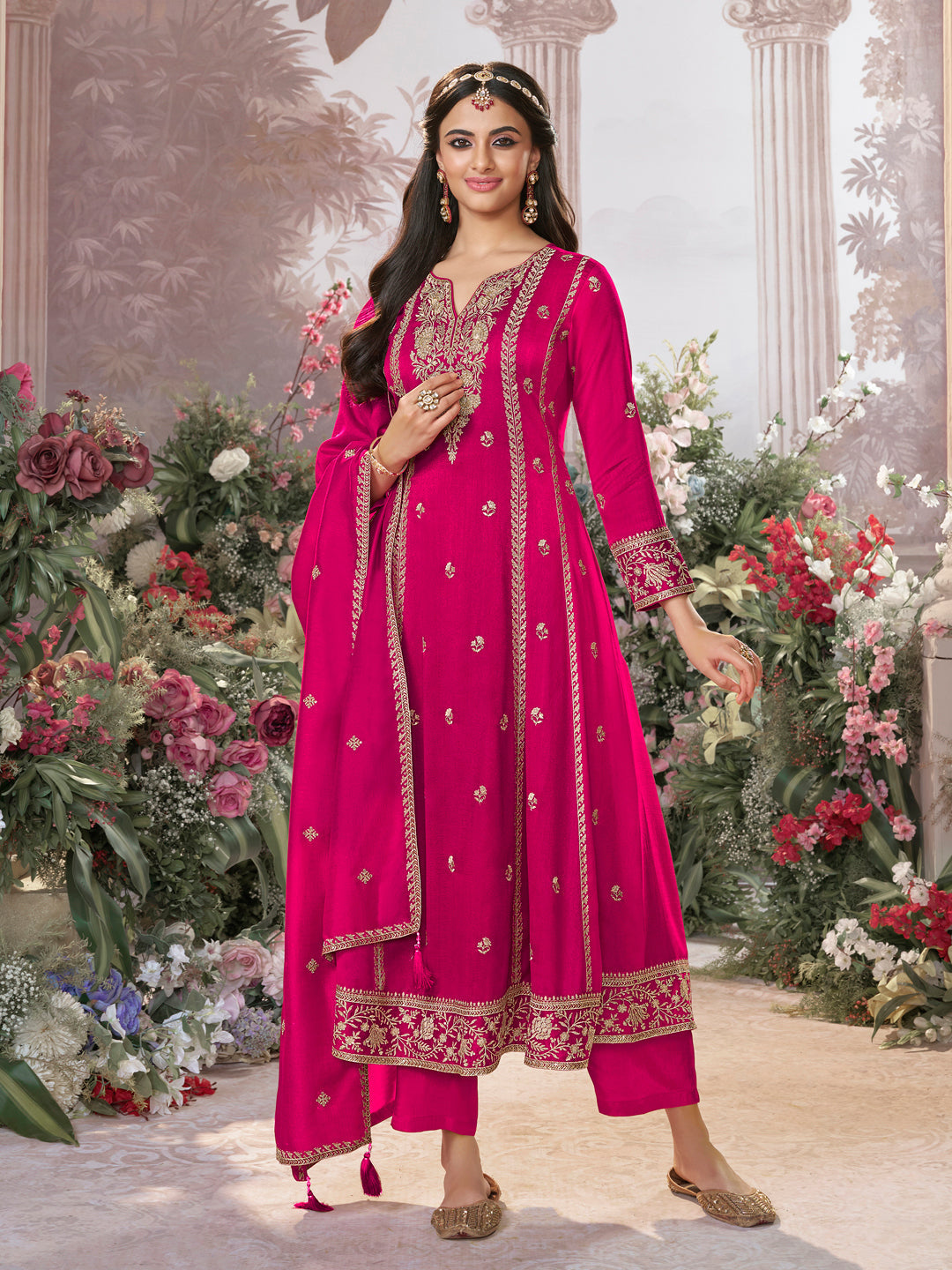 Hot Pink Vichitra Silk Kurta Suit Set with Embroidered Work Paired with Vichitra Silk Dupatta with Embroidered Work