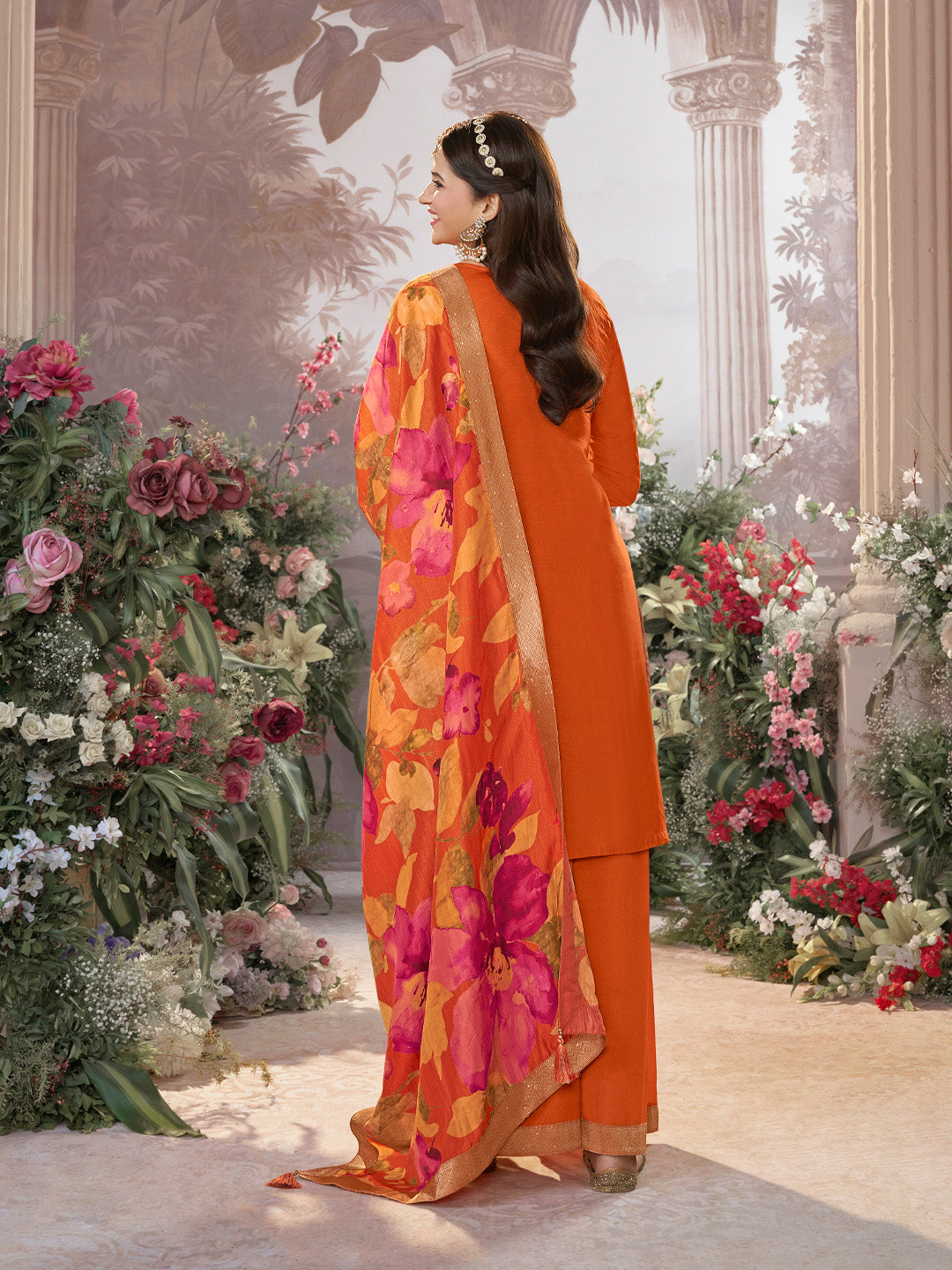Orange Dola Silk Jacquard & Embroidery Sharara Set with Digital Print Dola Silk Dupatta - qivii