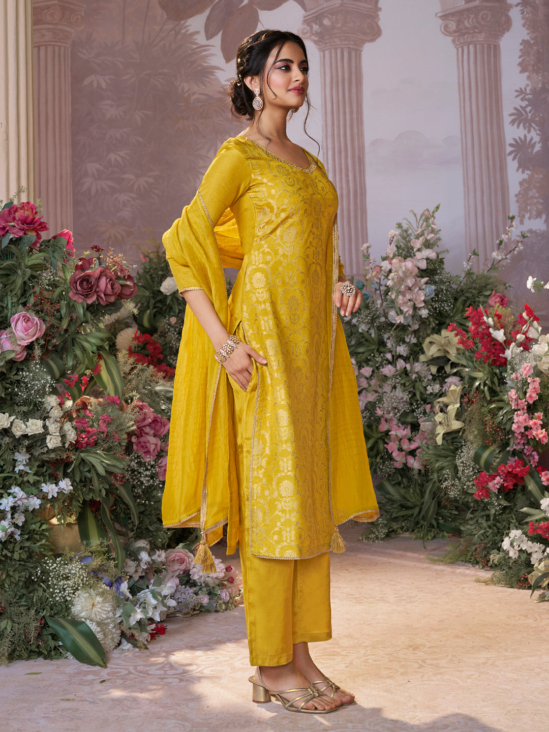 Yellow Chinon Kurta Set with Jacquard and Zari Work, Paired with an Organza Dupatta