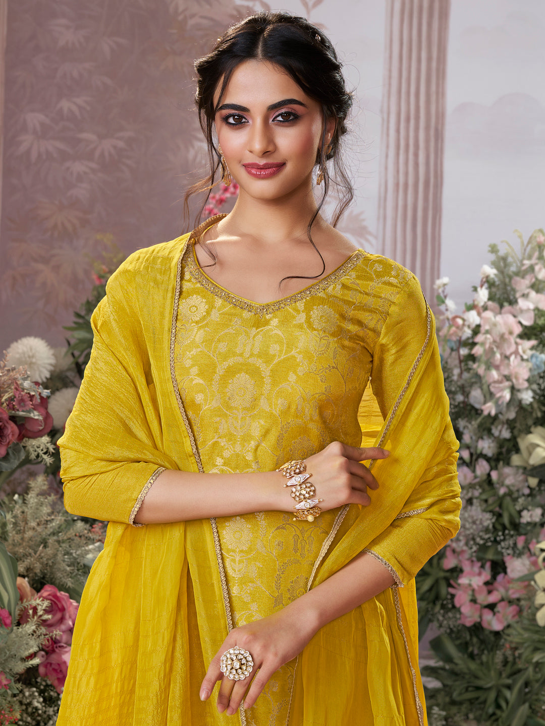 Yellow Chinon Kurta Set with Jacquard and Zari Work, Paired with an Organza Dupatta
