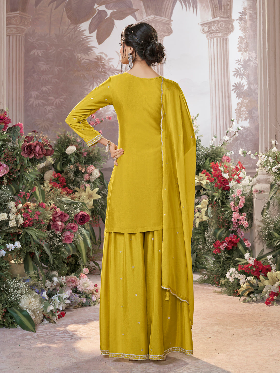 Yellow Chinon Embroidered Sharara Suit with Butti Work and Sequins Scalloped Border Dupatta - qivii