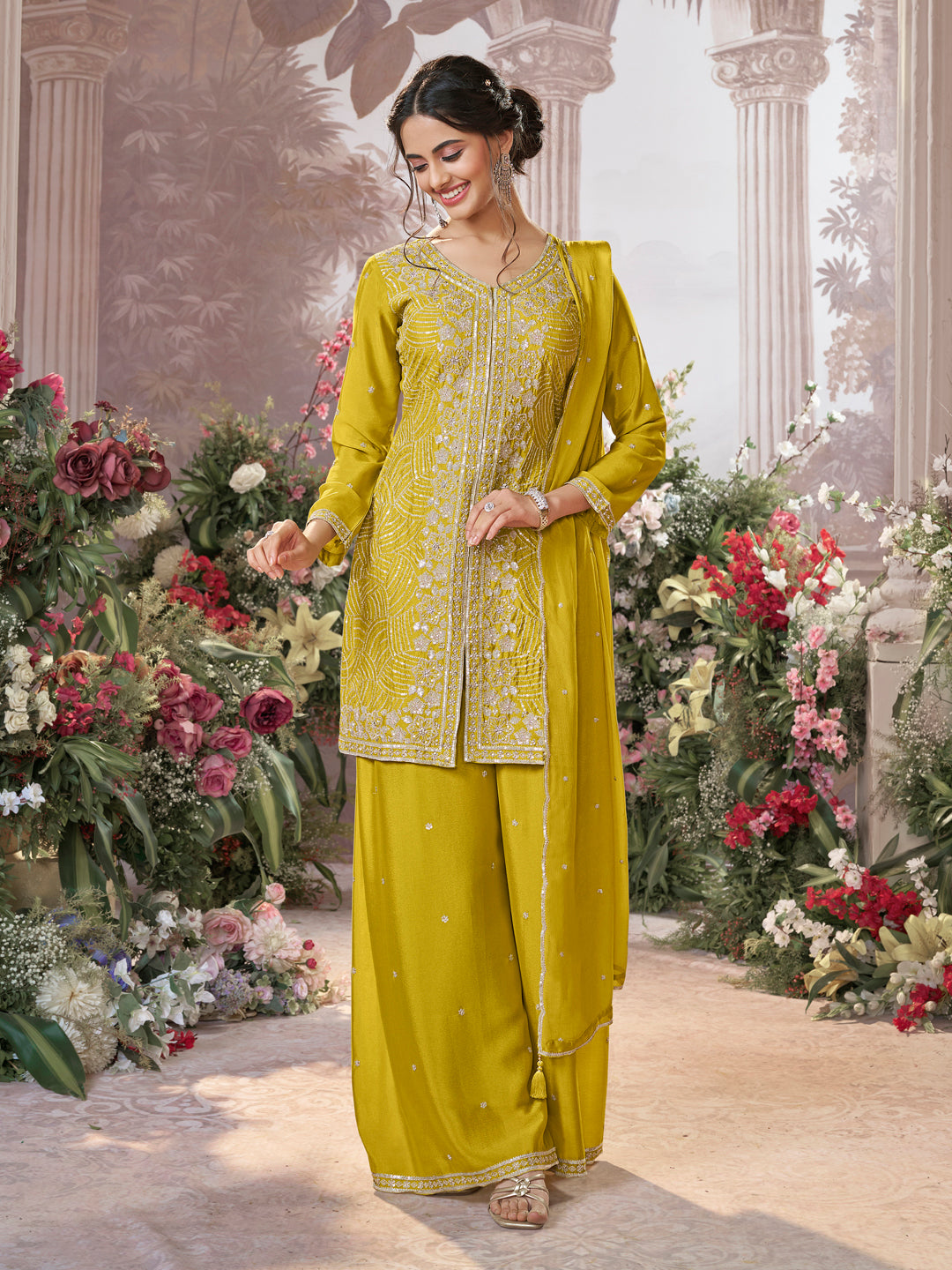 Yellow Chinon Embroidered Sharara Suit with Butti Work and Sequins Scalloped Border Dupatta - qivii