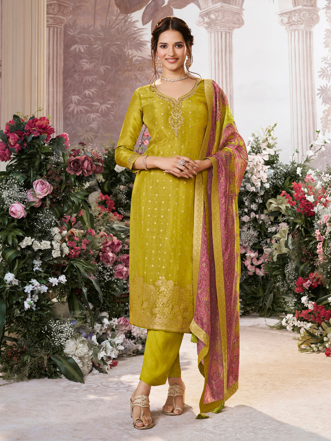 Yellow Dola Silk Kurta Set with Jacquard Detailing and Intricate Embroidery, Paired with a Cherry Silk Dupatta - qivii
