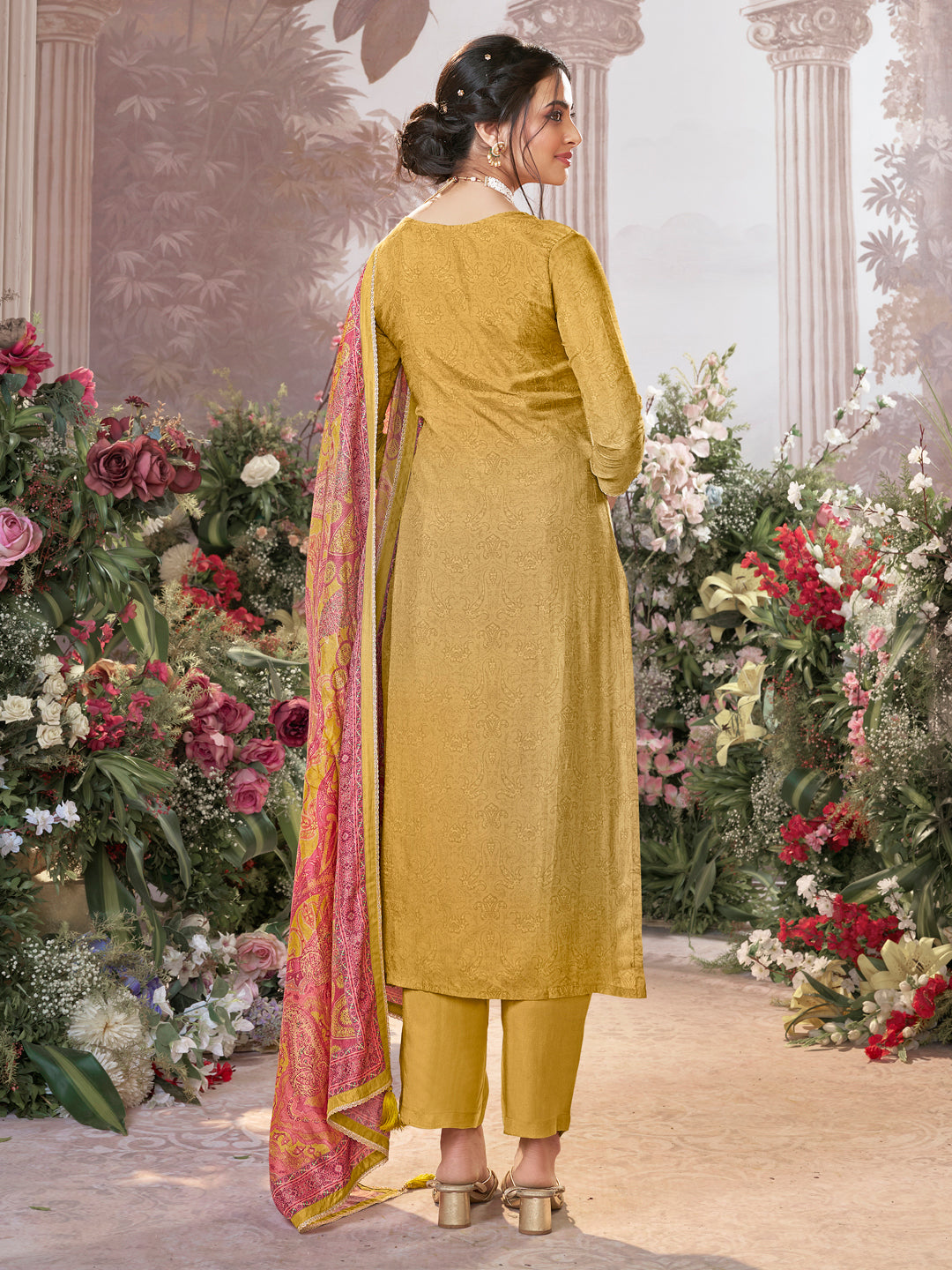 Yellow Russian Silk Kurta Set Paired With Russian Silk Digital Printed Contrast Dupatta - qivii