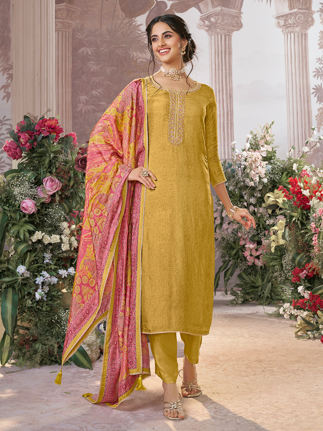 Yellow Russian Silk Kurta Set Paired With Russian Silk Digital Printed Contrast Dupatta - qivii