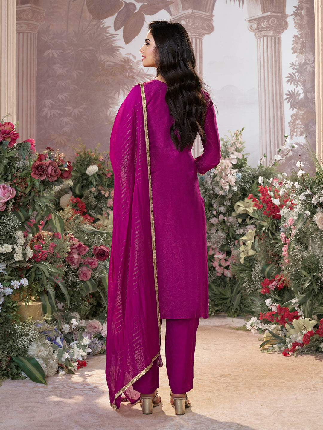 Pansy Purple Chinon Kurta Set with Jacquard and Zari Work, Paired with an Organza Dupatta