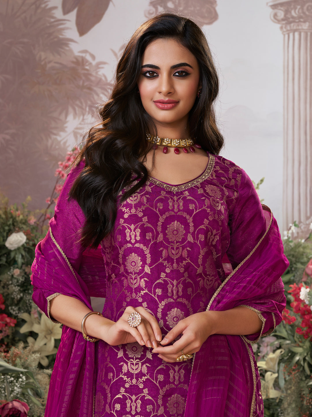 Pansy Purple Chinon Kurta Set with Jacquard and Zari Work, Paired with an Organza Dupatta