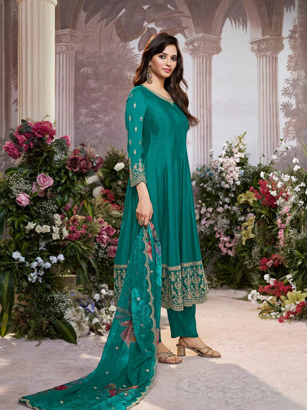 Green Vichitra Silk Embroidered Anarkali Set with Digital Printed Chiffon Dupatta
