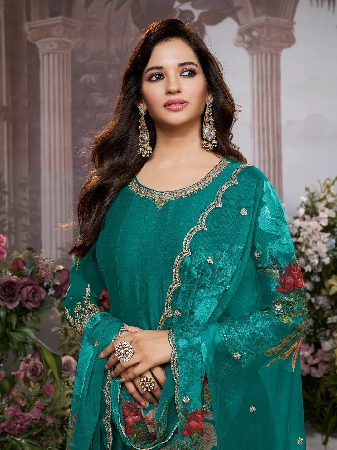 Green Vichitra Silk Embroidered Anarkali Set with Digital Printed Chiffon Dupatta