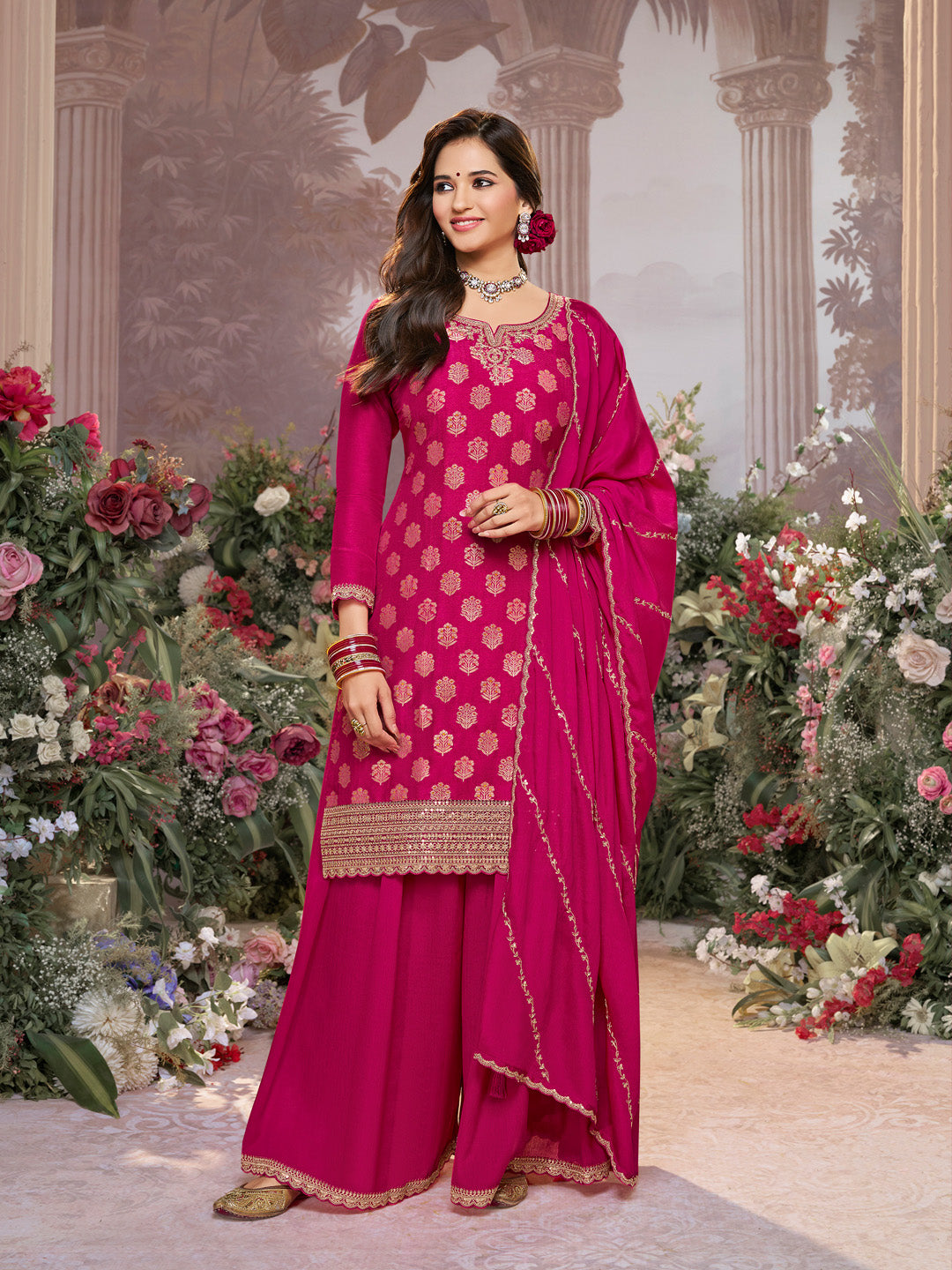 Pink Dola Silk Meena Jacquard Kurta Set Paired With Embroidered Sharara Suit Set - qivii