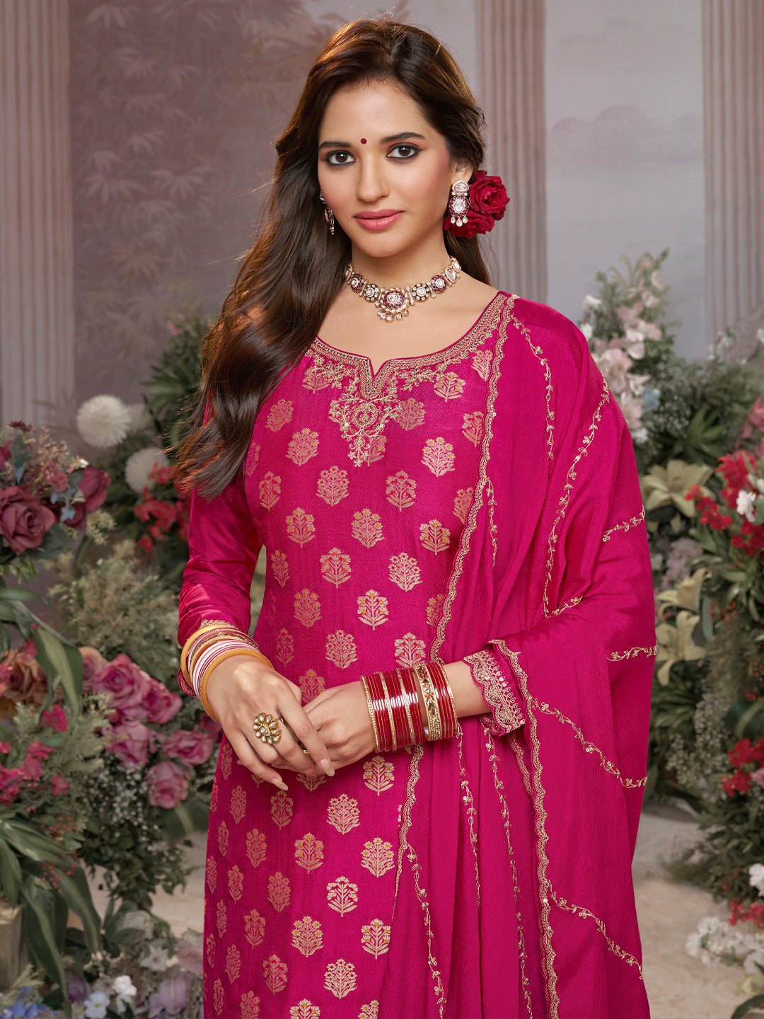 Pink Dola Silk Meena Jacquard Kurta Set Paired With Embroidered Sharara Suit Set - qivii