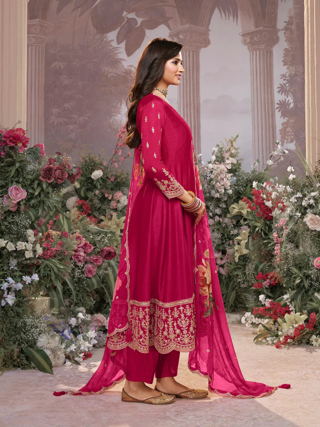 Pink Vichitra Silk Embroidered Anarkali Set with Digital Printed Chiffon Dupatta