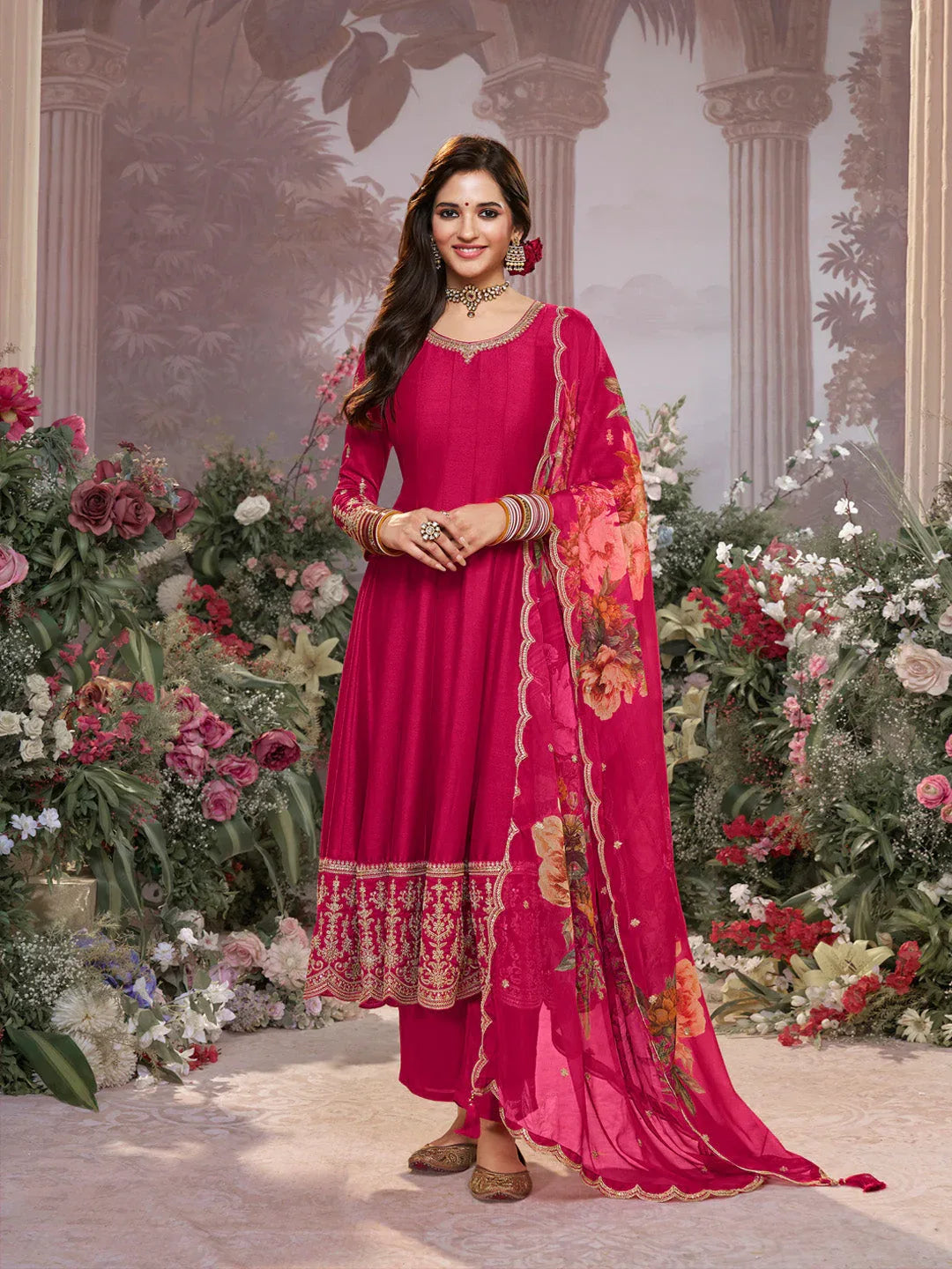 Pink Vichitra Silk Embroidered Anarkali Set with Digital Printed Chiffon Dupatta