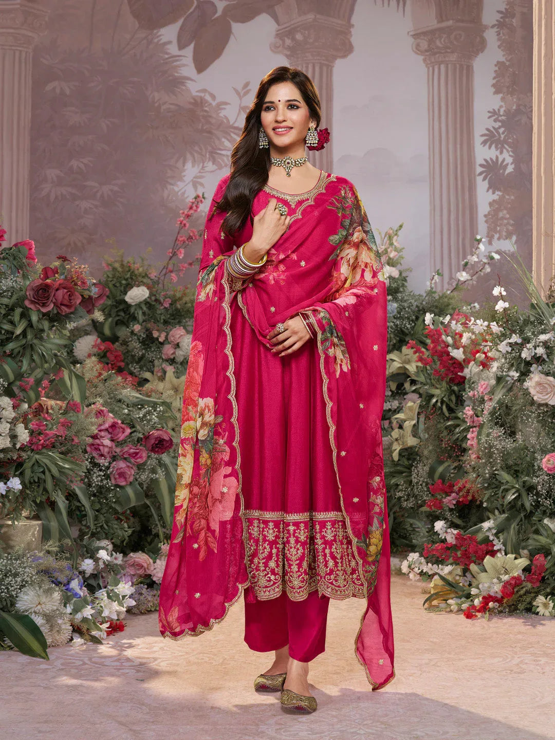 Pink Vichitra Silk Embroidered Anarkali Set with Digital Printed Chiffon Dupatta