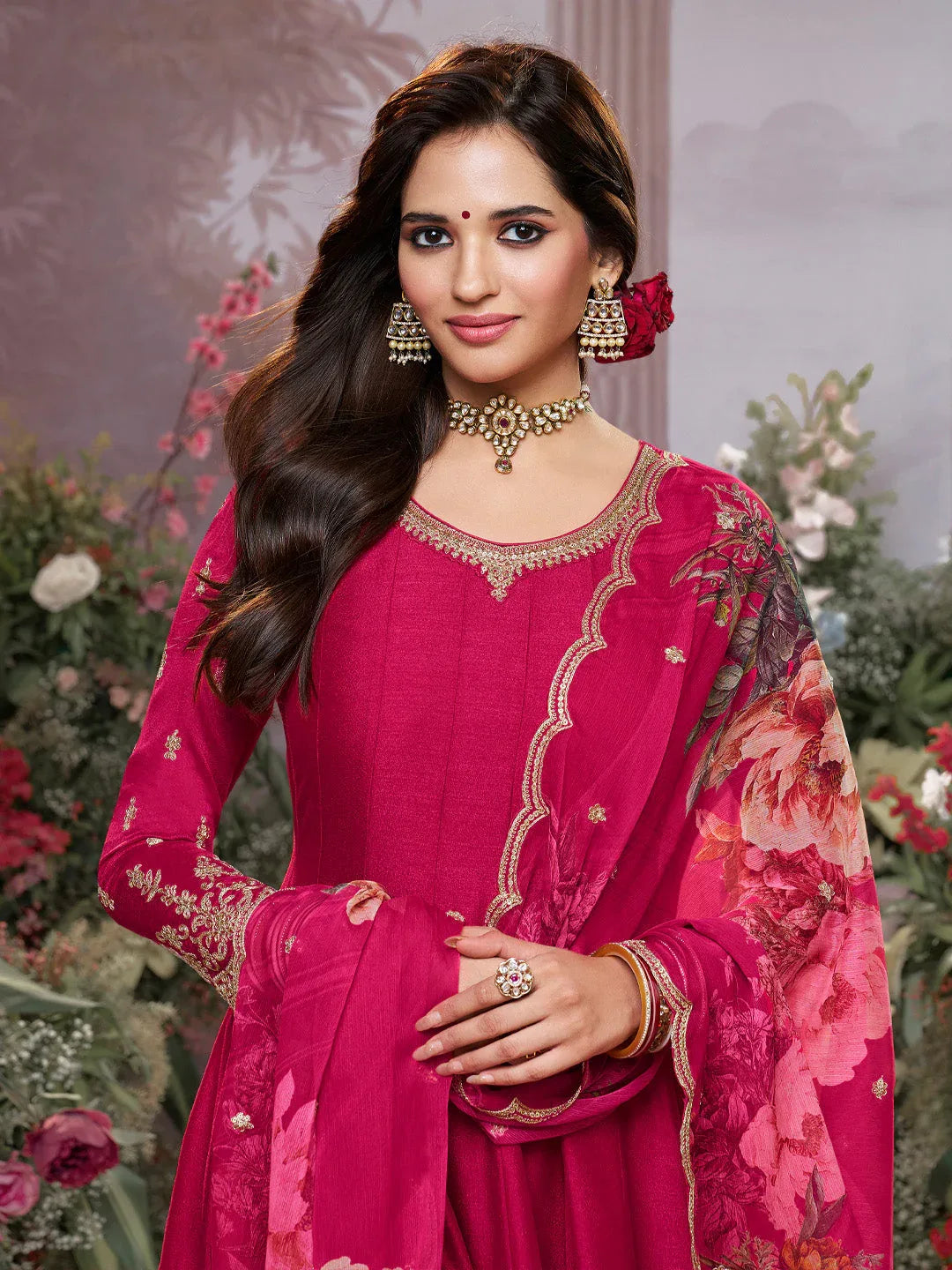 Pink Vichitra Silk Embroidered Anarkali Set with Digital Printed Chiffon Dupatta