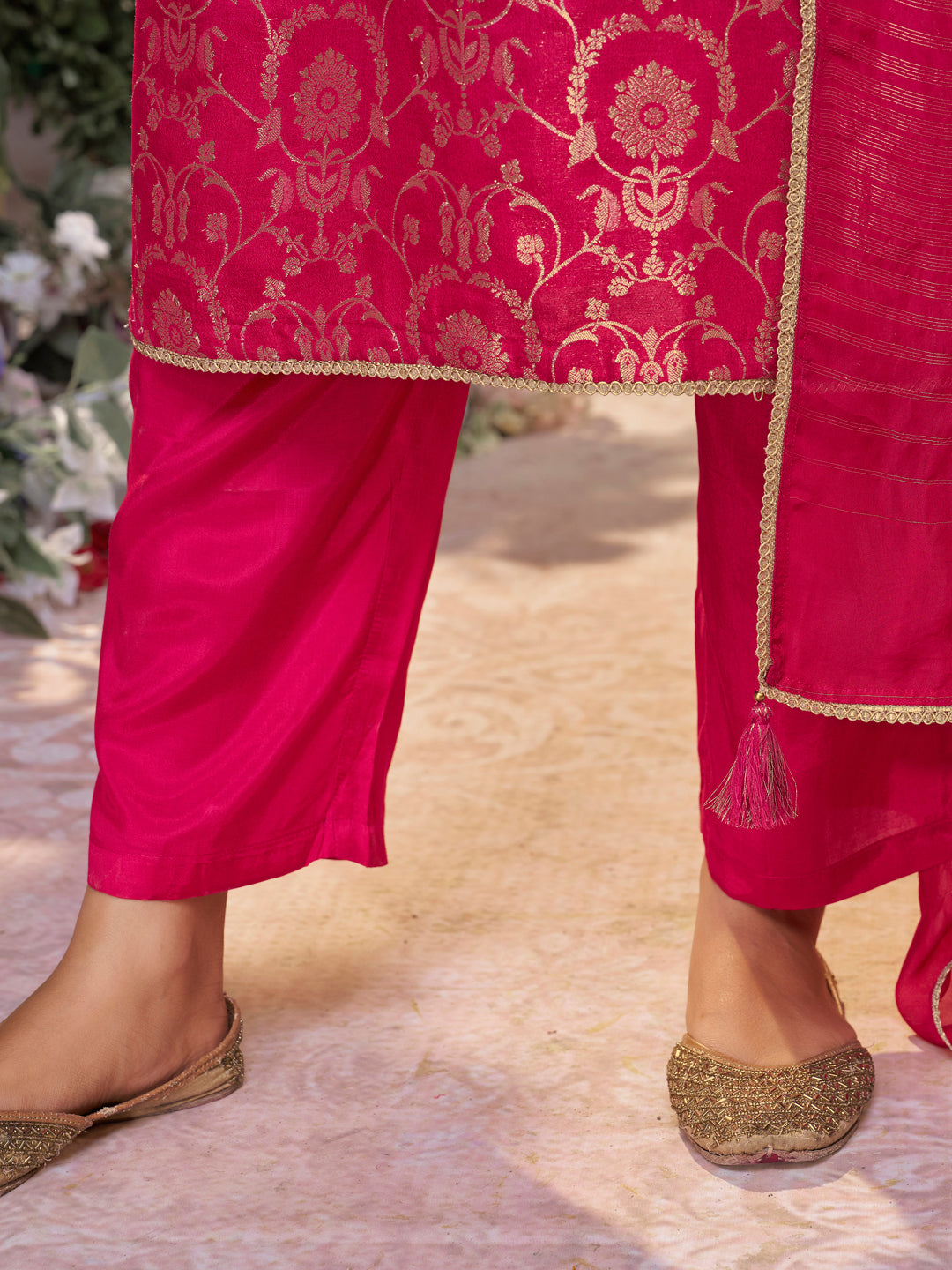 Red Chinon Kurta Set with Jacquard and Zari Work, Paired with an Organza Dupatta