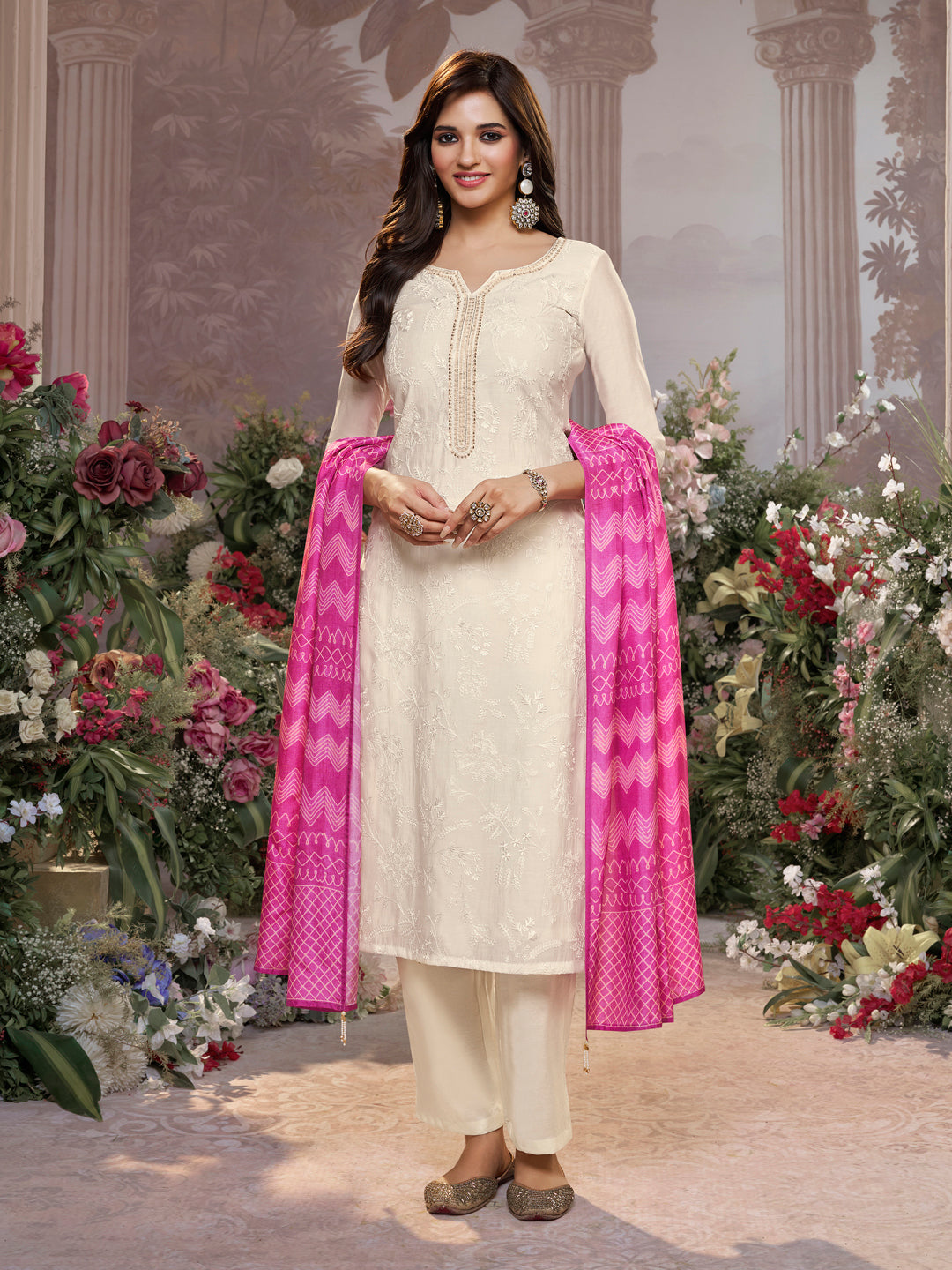 Off-White Viscose Thread Work Kurta Suit Set Paired with Digital Printed Pink Contrast Dupatta