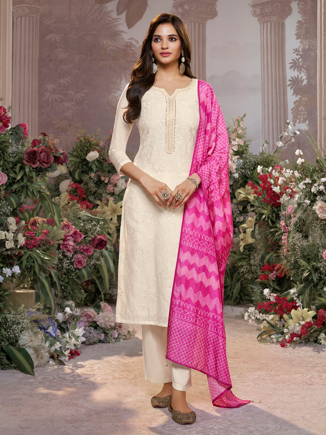 Off-White Viscose Thread Work Kurta Suit Set Paired with Digital Printed Pink Contrast Dupatta