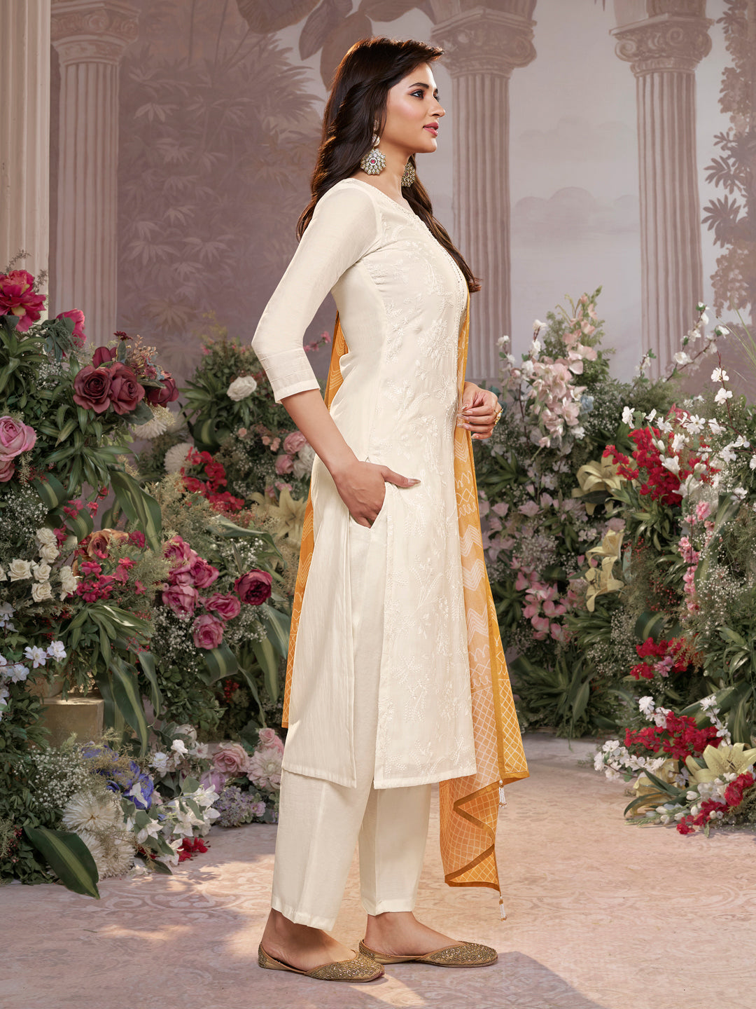 Off-White Viscose Thread Work Kurta Suit Set Paired with Digital Printed Yellow Contrast Dupatta