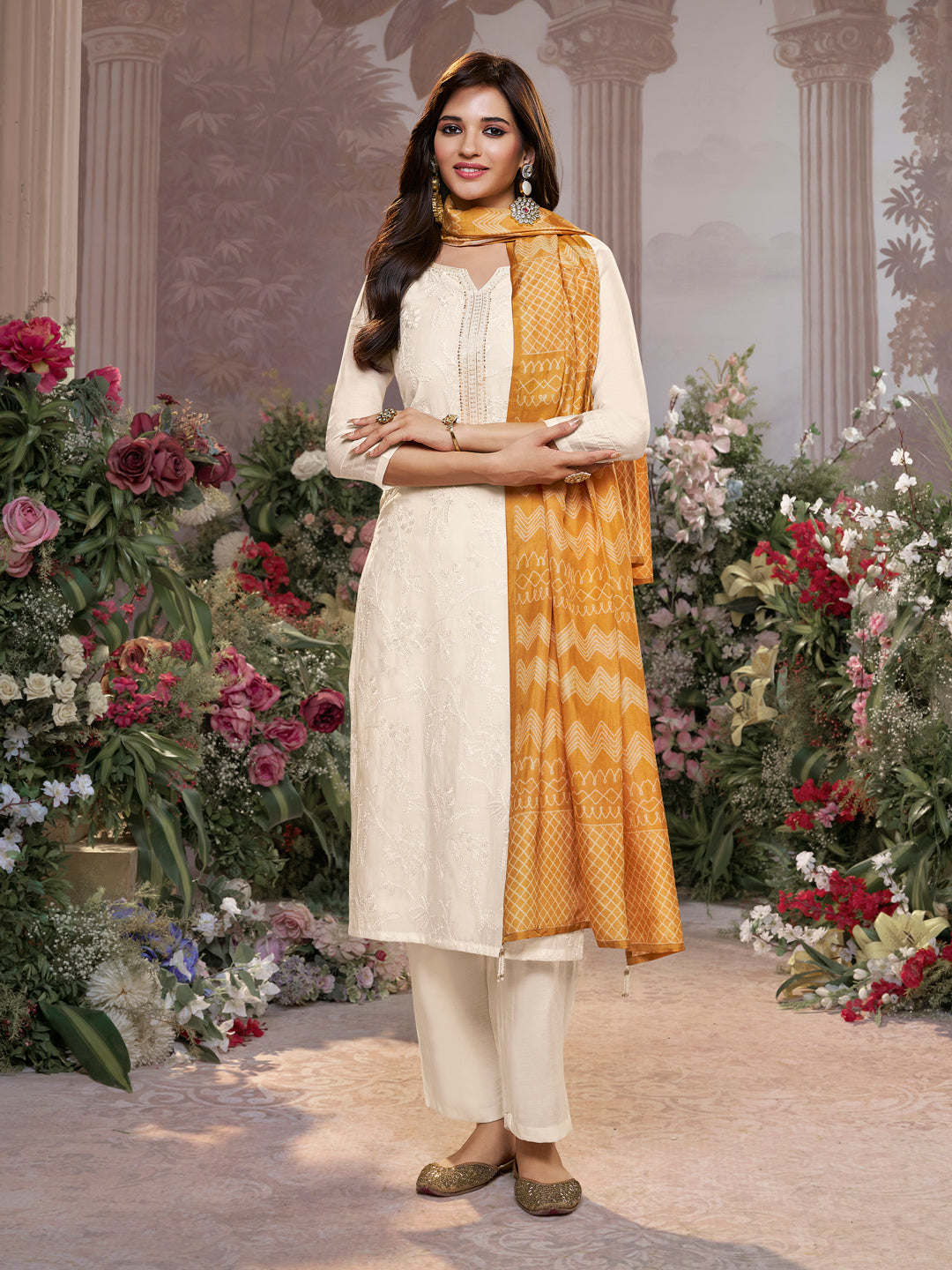 Off-White Viscose Thread Work Kurta Suit Set Paired with Digital Printed Yellow Contrast Dupatta