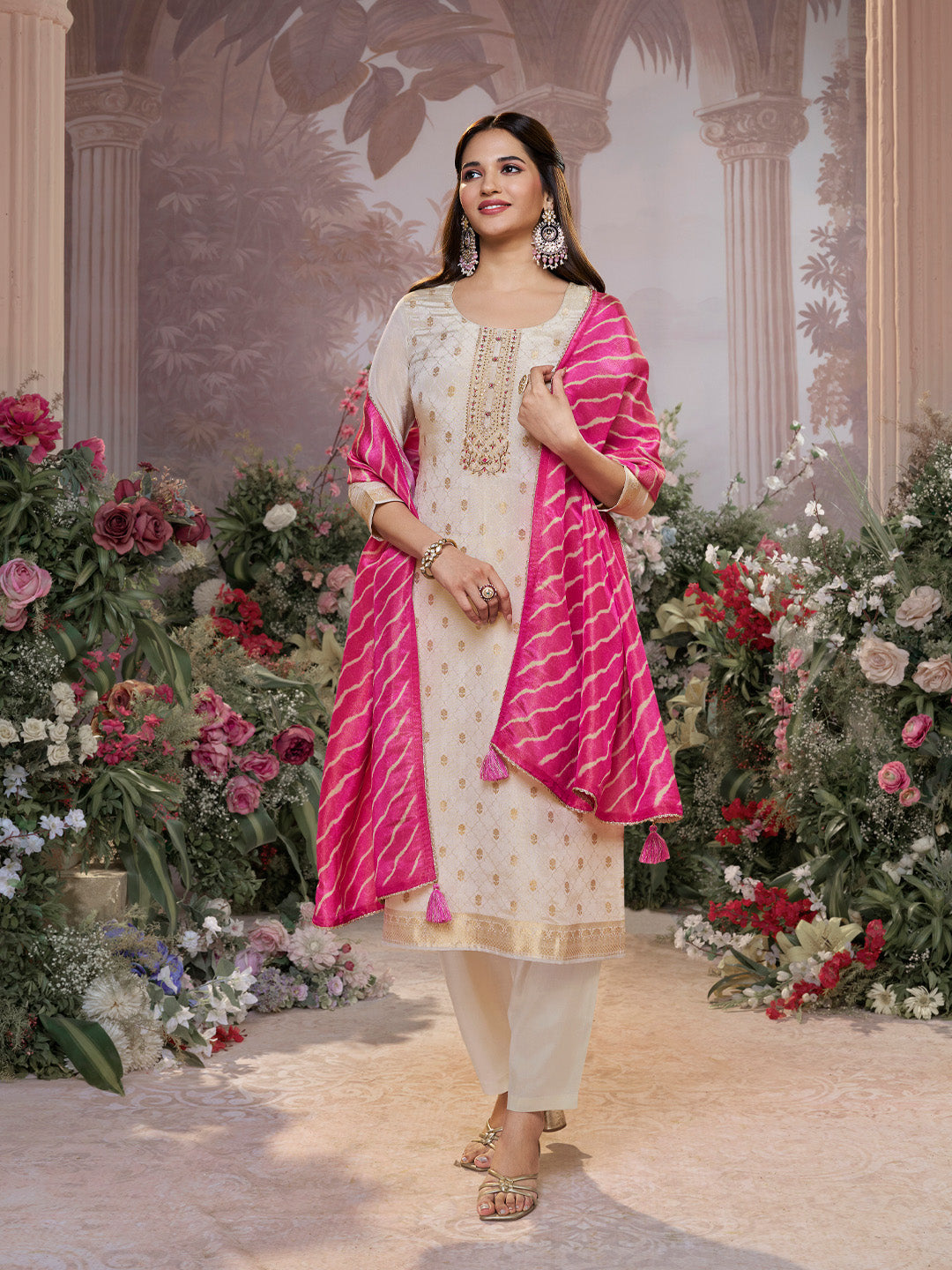 Cream Tissue Jacquard Kurta Set with Pink Contrast Digital Print Dupatta - qivii
