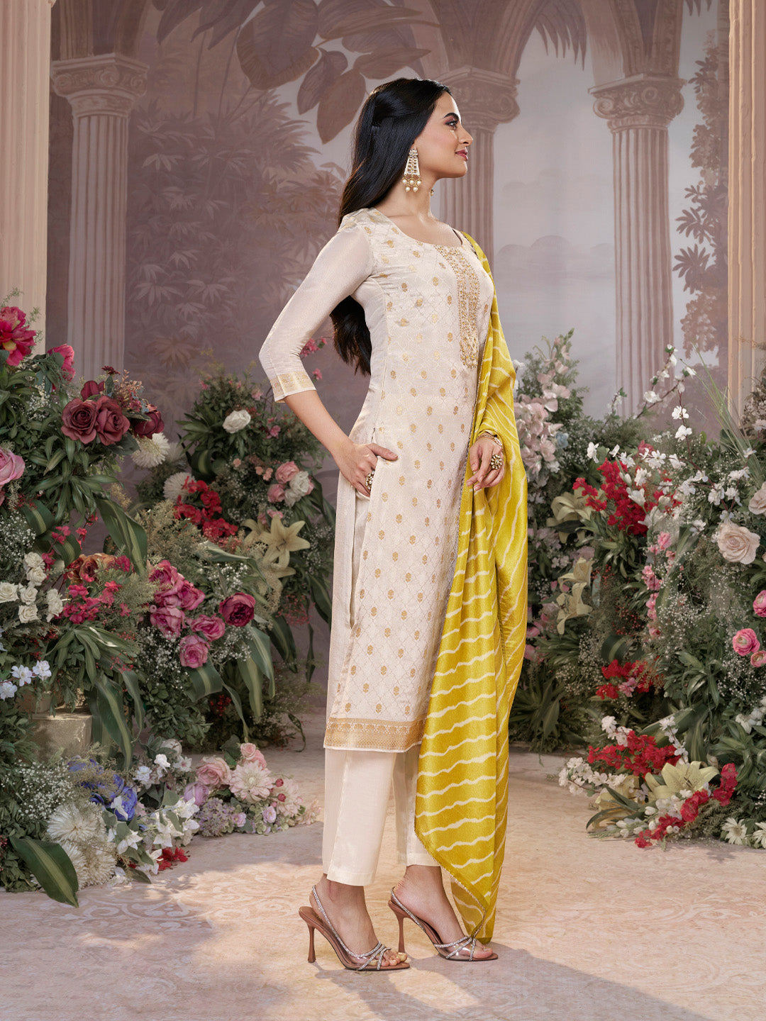 Cream Tissue Jacquard Kurta Set with Yellow Contrast Digital Print Dupatta - qivii
