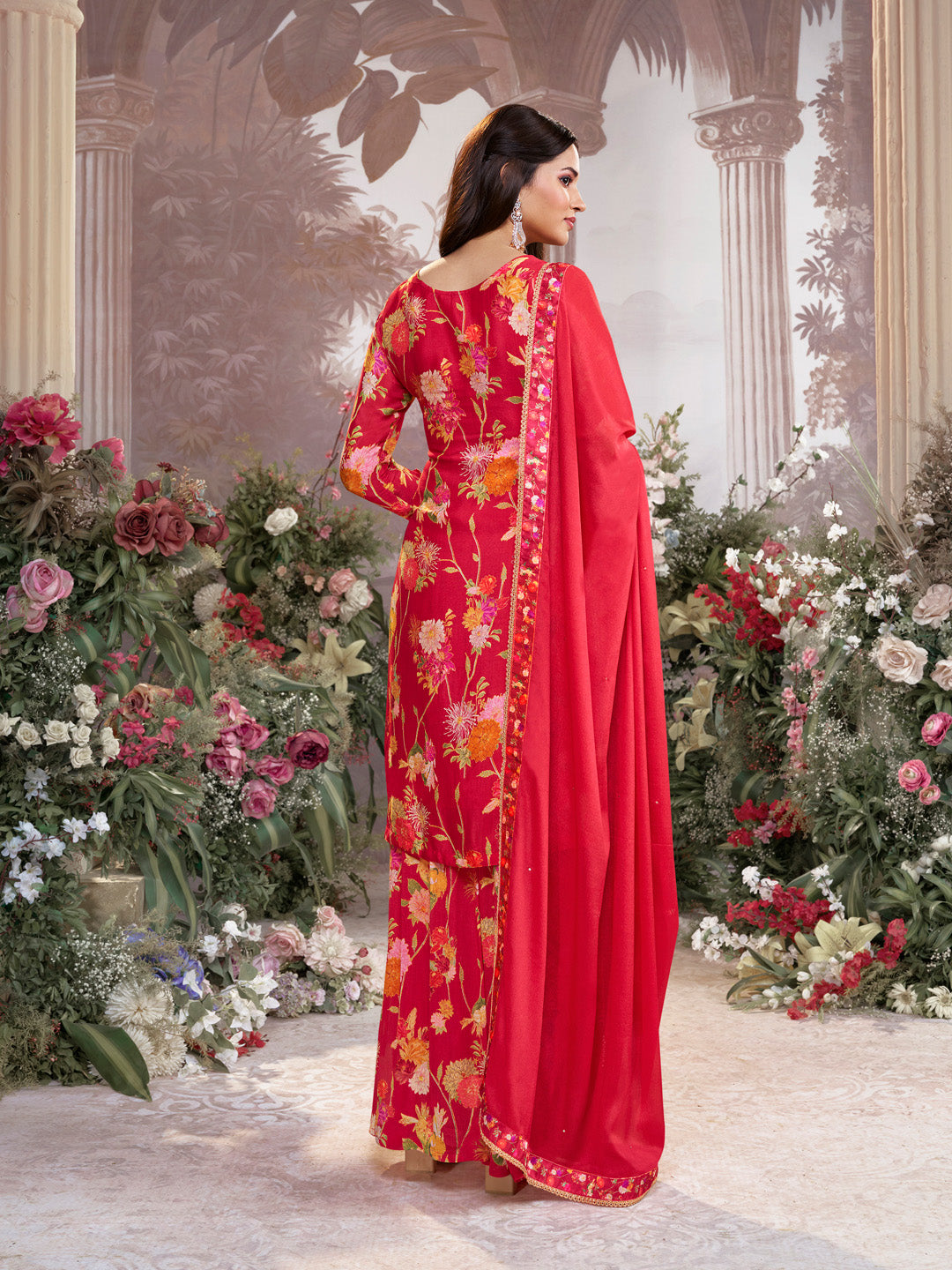 Red Chinon Sharara Suit Set with Floral Print and Embroidery Work - qivii