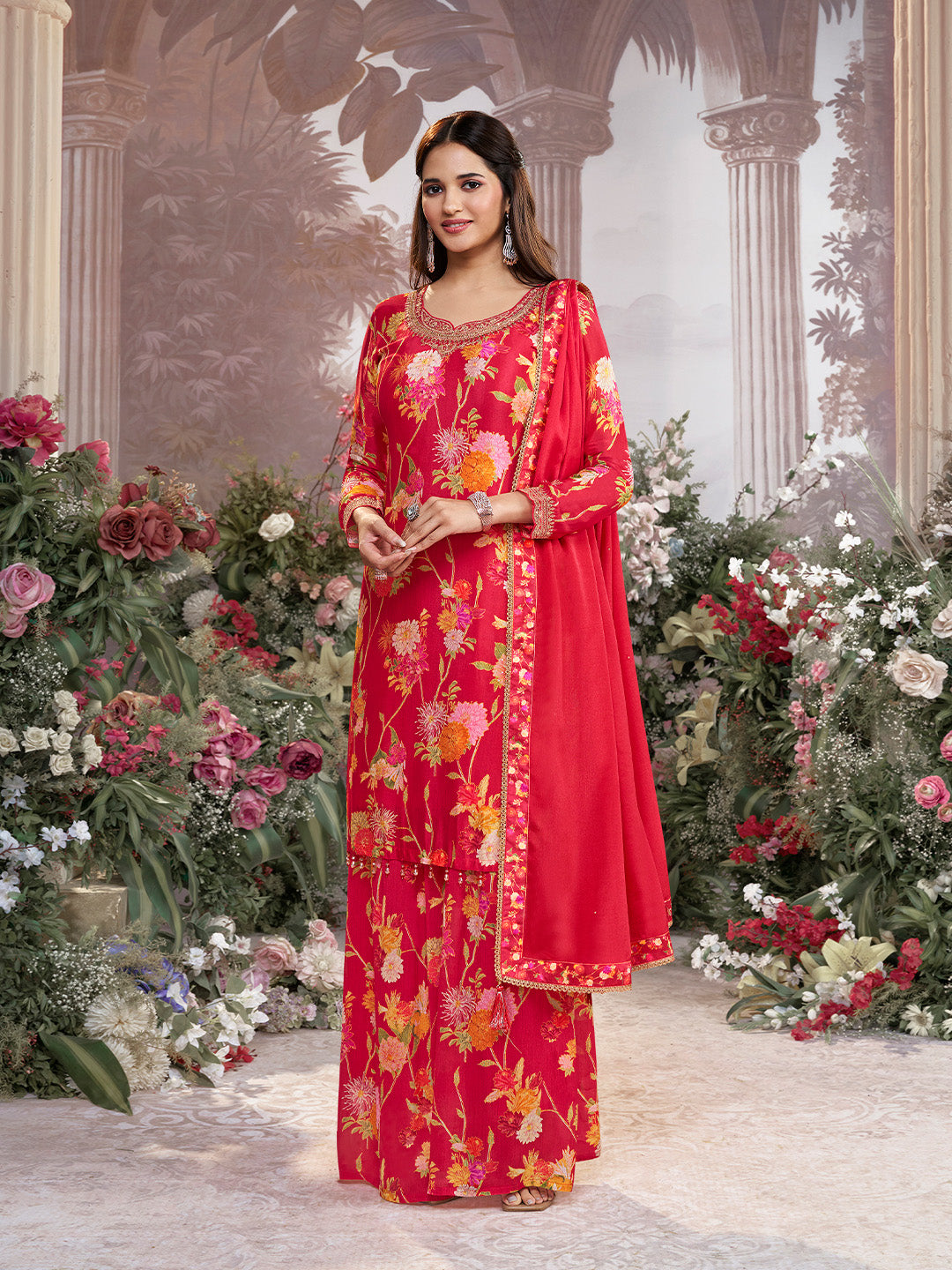 Red Chinon Sharara Suit Set with Floral Print and Embroidery Work - qivii