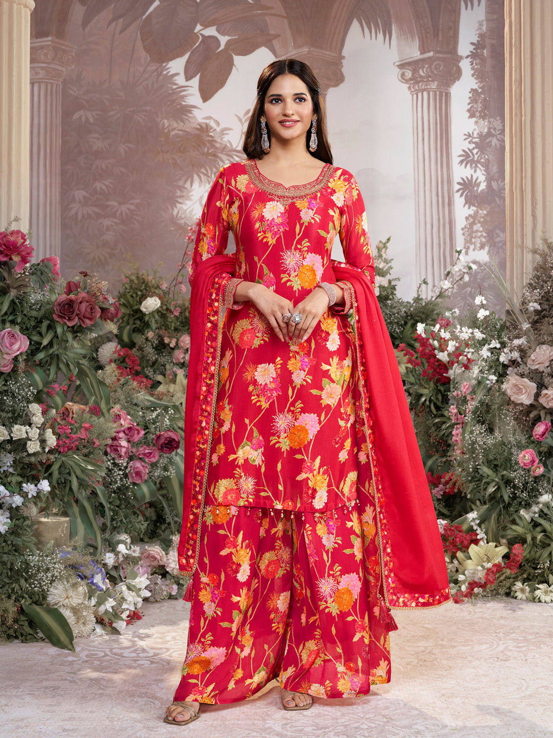Red Chinon Sharara Suit Set with Floral Print and Embroidery Work