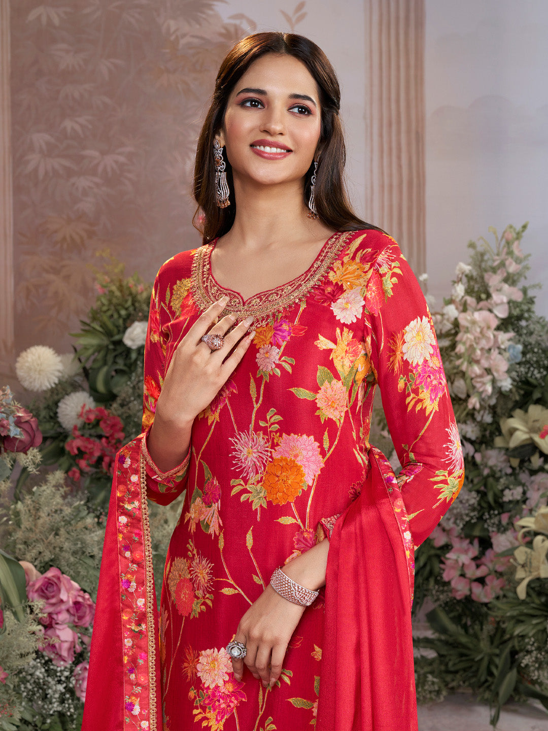 Red Chinon Sharara Suit Set with Floral Print and Embroidery Work - qivii