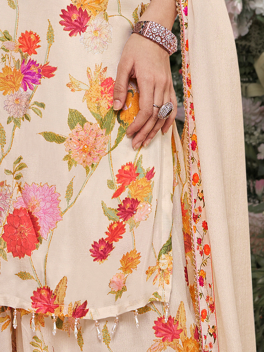 Off-White Chinon Sharara Suit Set with Floral Print and Embroidery Work - qivii