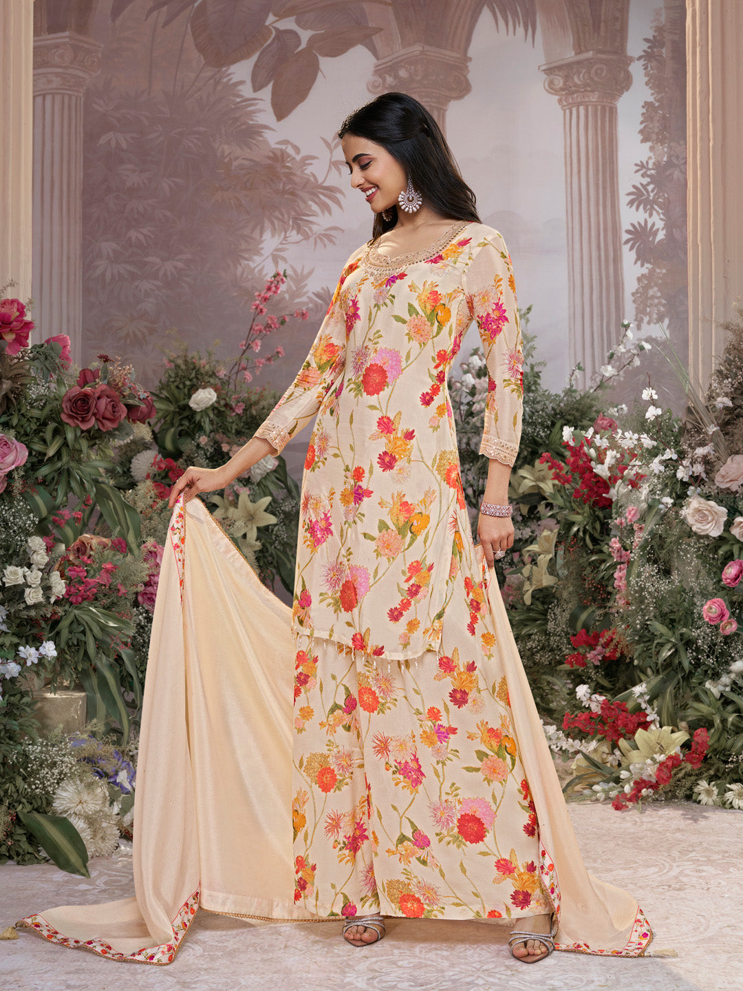 Off-White Chinon Sharara Suit Set with Floral Print and Embroidery Work - qivii