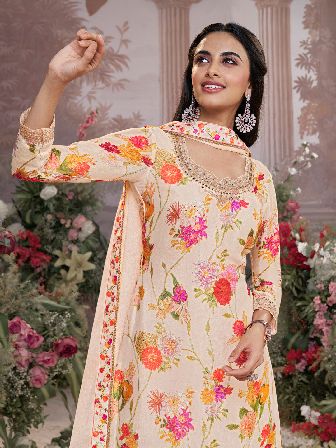 Off-White Chinon Sharara Suit Set with Floral Print and Embroidery Work - qivii