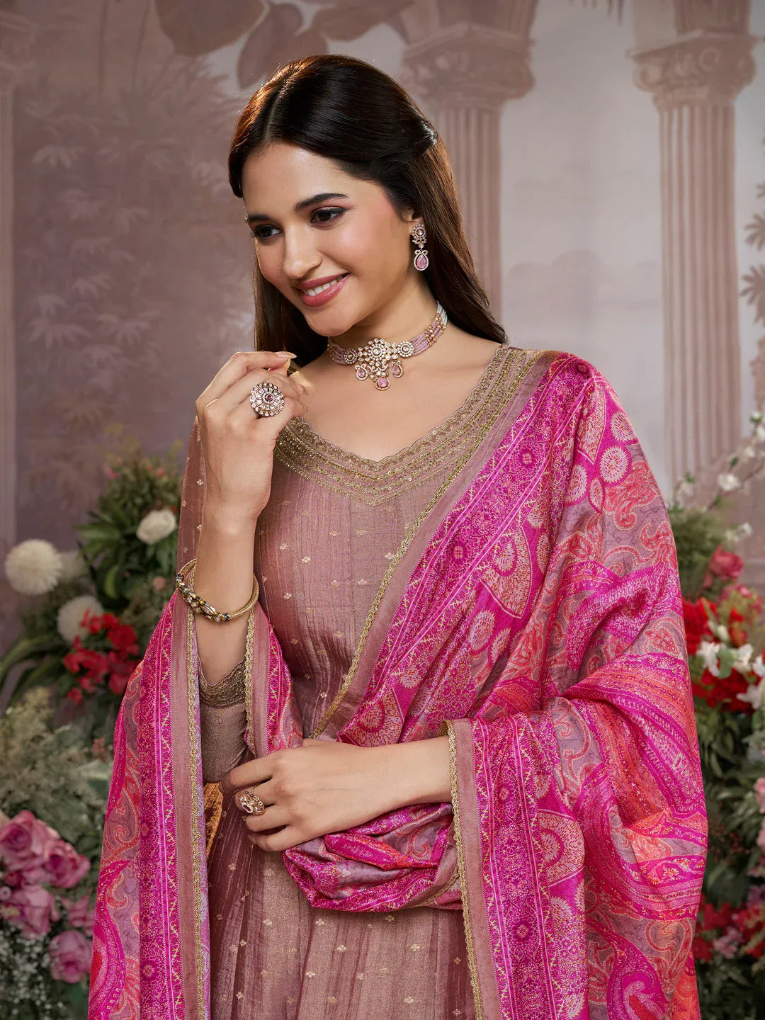 Dusty Rose Tissue Silk Embroidered Anarkali Suit Set with Pink Contrast Digital Print Russian Silk Dupatta