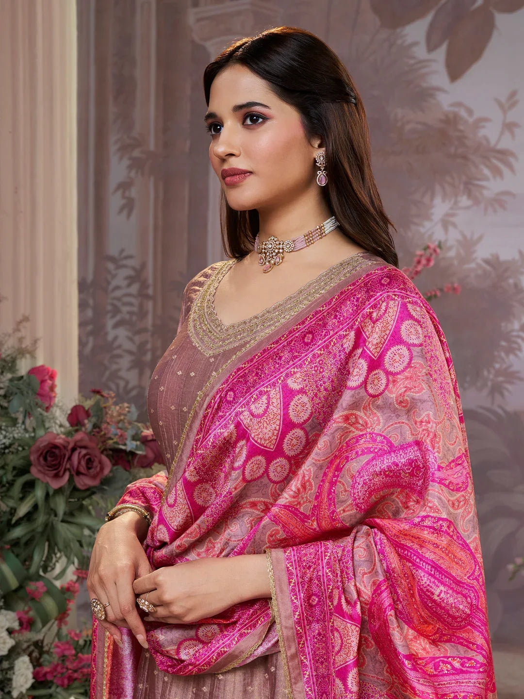 Dusty Rose Tissue Silk Embroidered Anarkali Suit Set with Pink Contrast Digital Print Russian Silk Dupatta