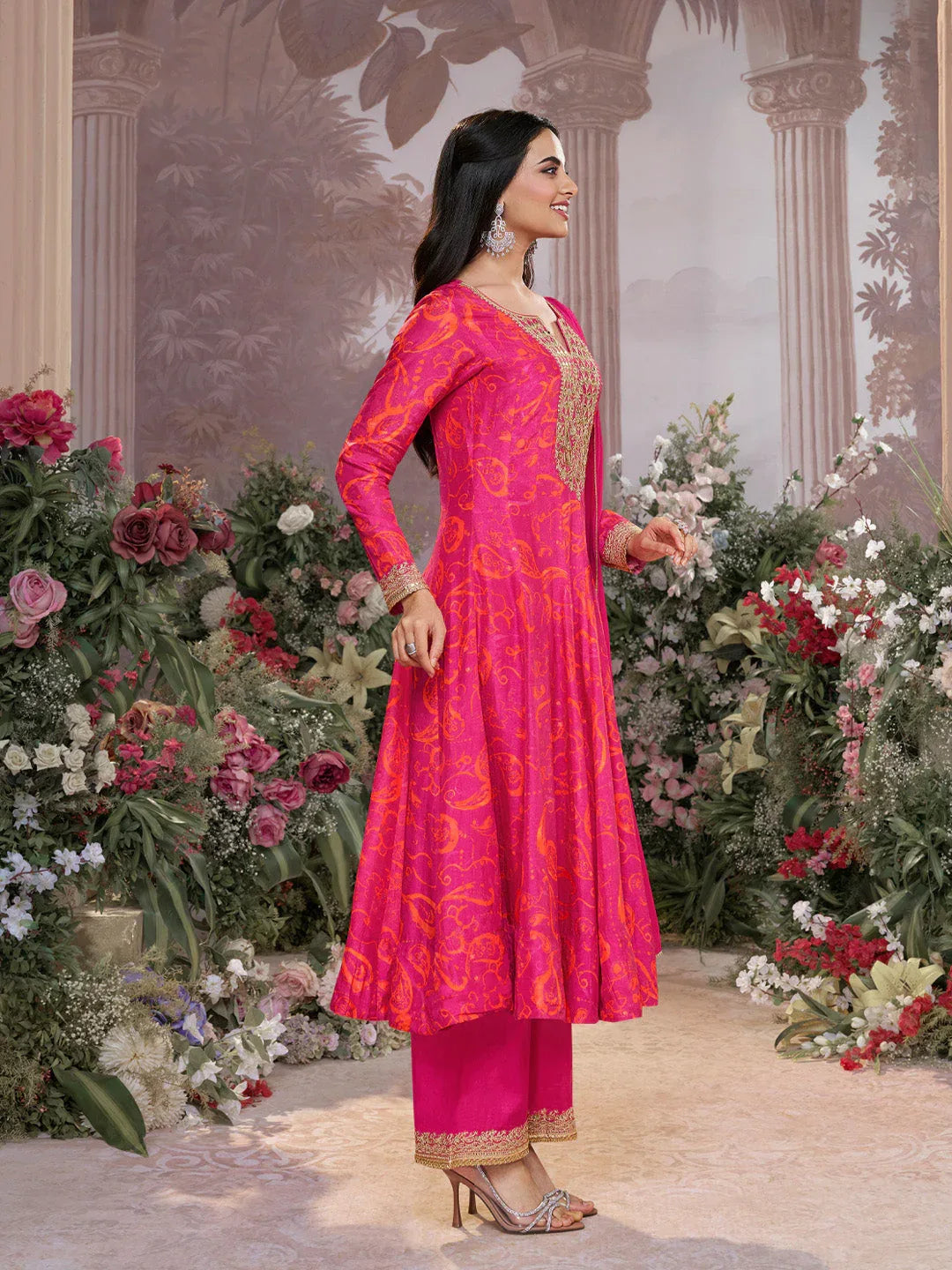 Pink Digital Printed Mirror Embroidered Anarkali Suit Set