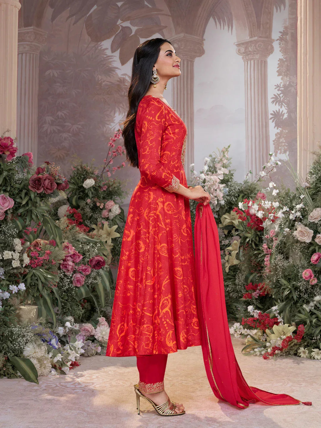 Red Digital Printed Mirror Embroidered Anarkali Suit Set