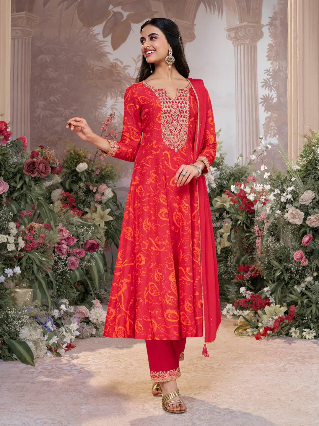 Red Digital Printed Mirror Embroidered Anarkali Suit Set