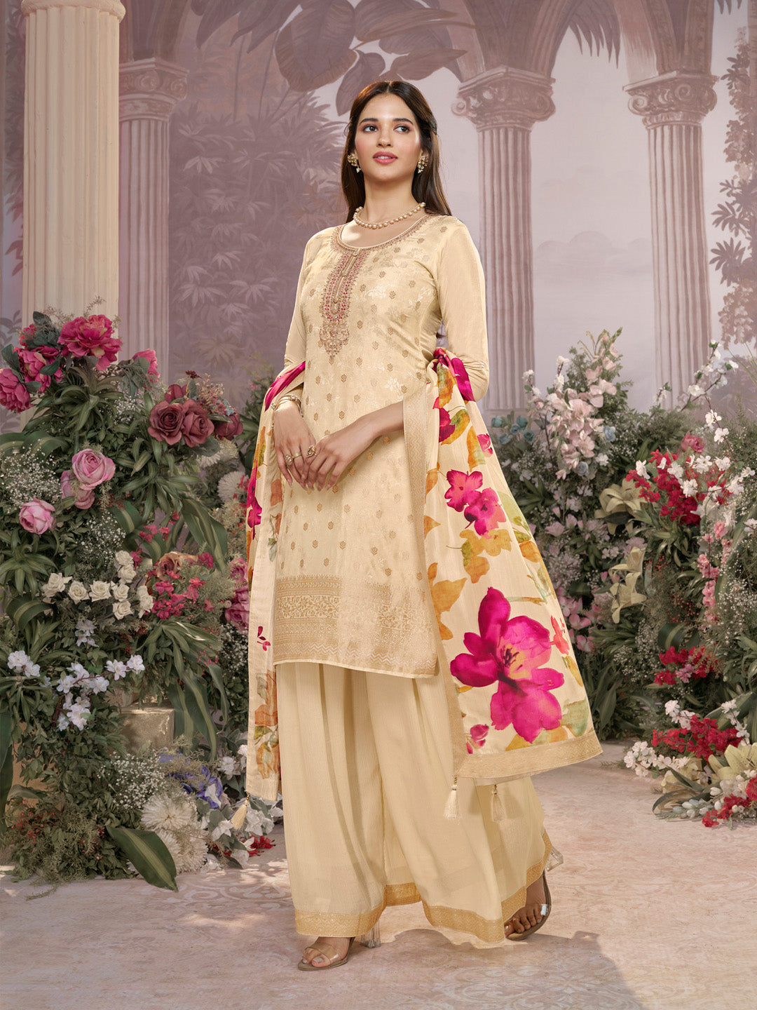 Off-White Dola Silk Jacquard & Embroidery Sharara Set with Digital Print Dola Silk Dupatta - qivii