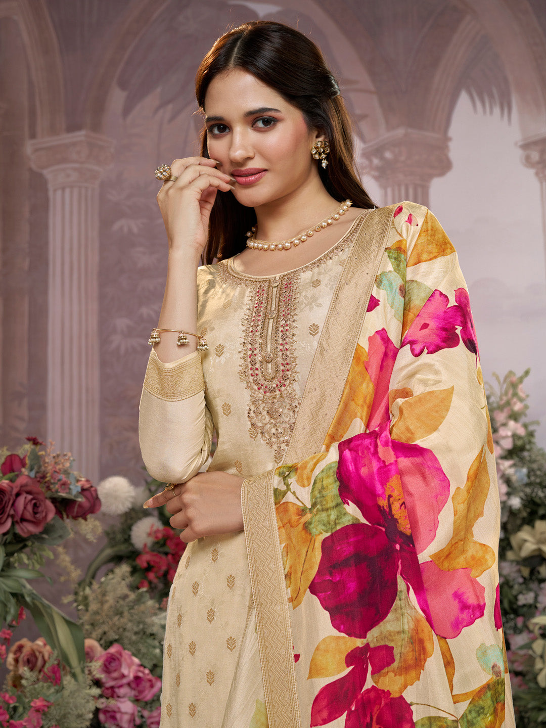 Off-White Dola Silk Jacquard & Embroidery Sharara Set with Digital Print Dola Silk Dupatta - qivii