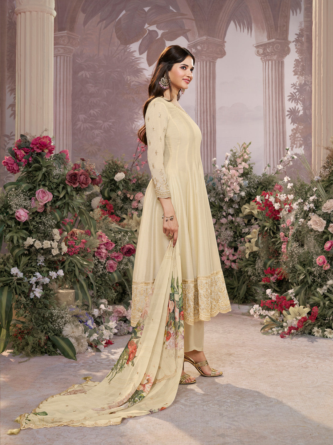 Off-White Vichitra Silk Embroidered Anarkali Set with Digital Printed Chiffon Dupatta