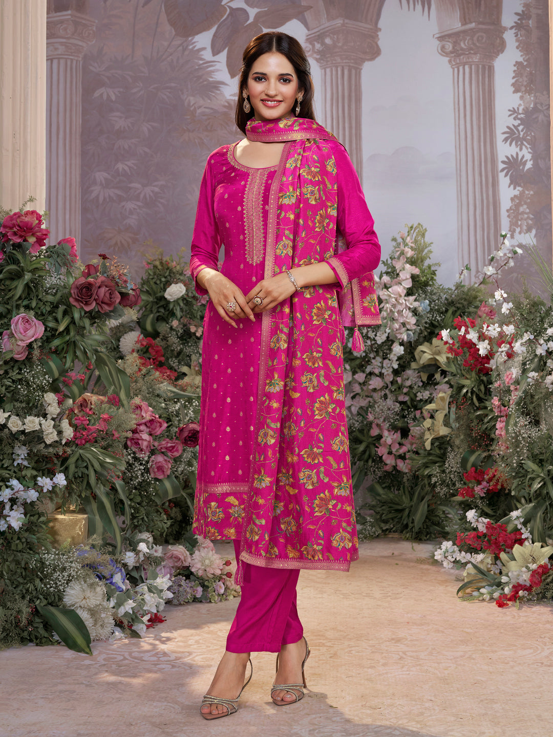 Pink Dola Silk Kurta Set with Jacquard Work, Paired with a Dola Silk Digital Printed Dupatta
