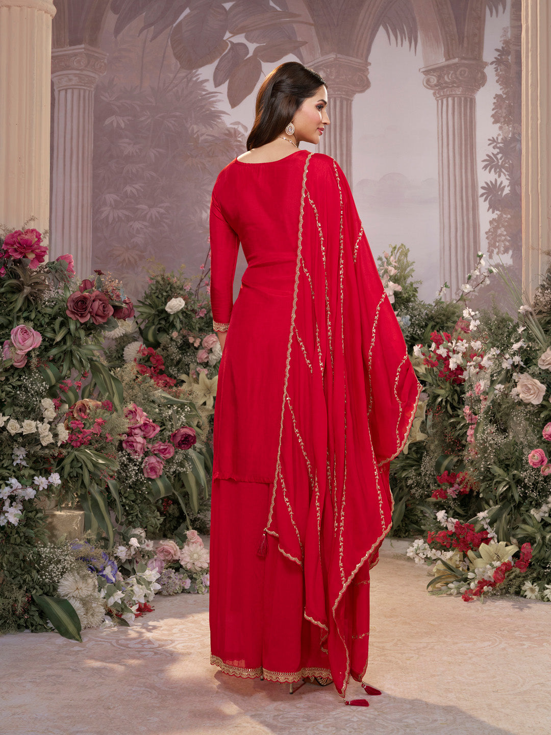 Red Dola Silk Meena Jacquard Kurta Set Paired With Embroidered Sharara Suit Set - qivii
